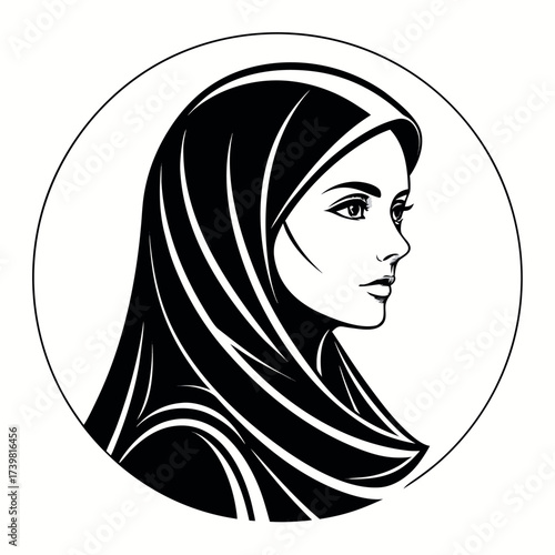 Muslim woman with hijab silhouette vector illustration,Black colour solid white background (3).eps