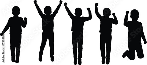 Children jumping in silhouette, happy kids celebrating, playful group pose, energetic movement, joyful childhood moment, expressive vector illustration for lifestyle and emotion themes