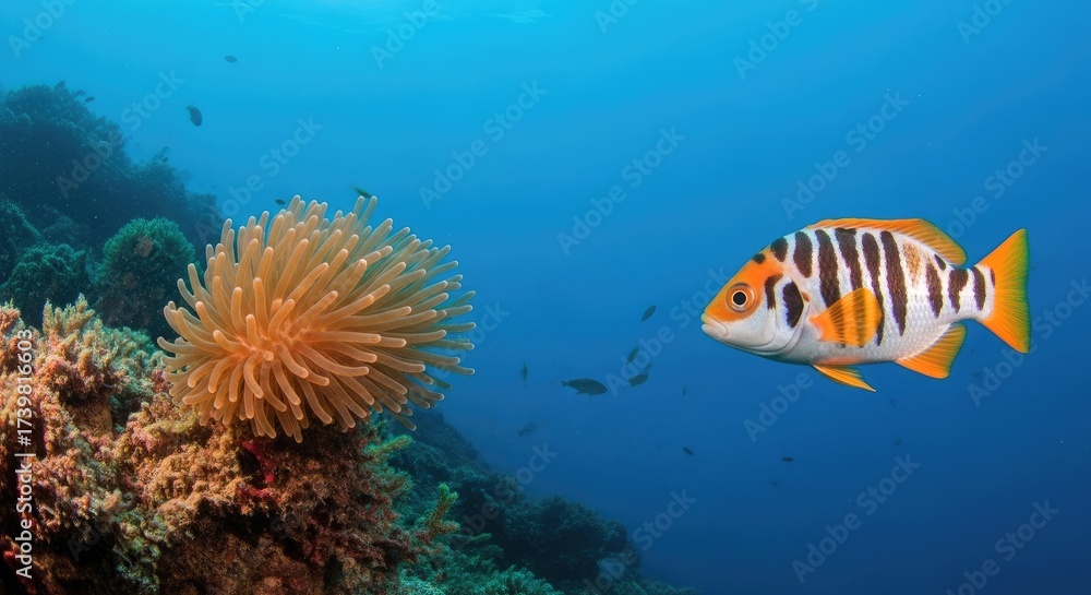 Fototapeta premium A colorful fish swimming near a vibrant coral reef in clear blue water.