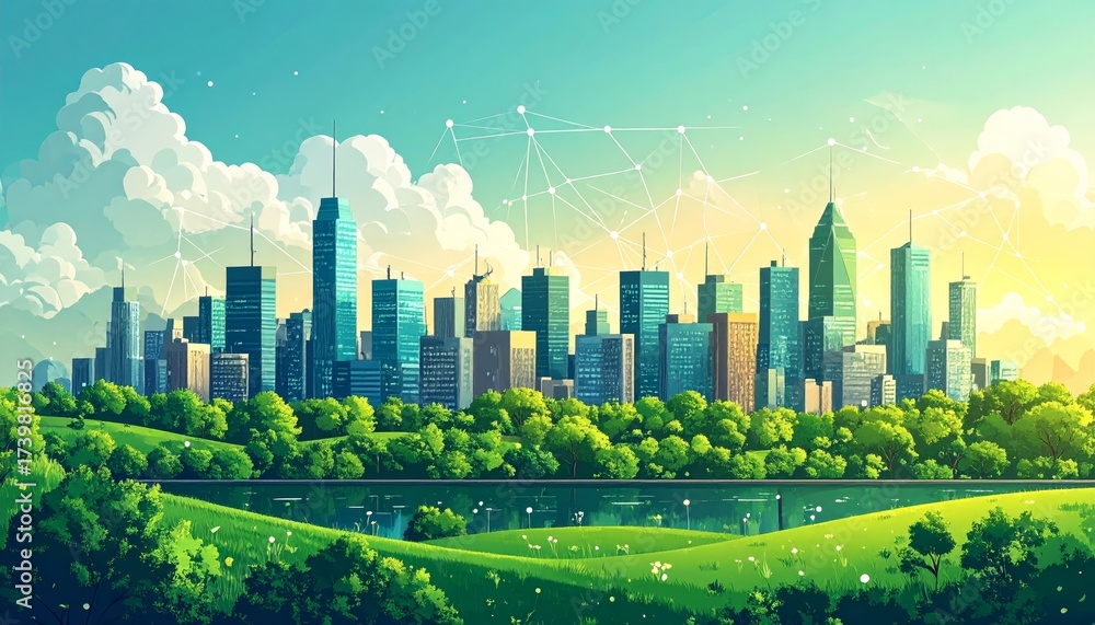Naklejka premium Sustainable urban development illustrated with interconnected elements