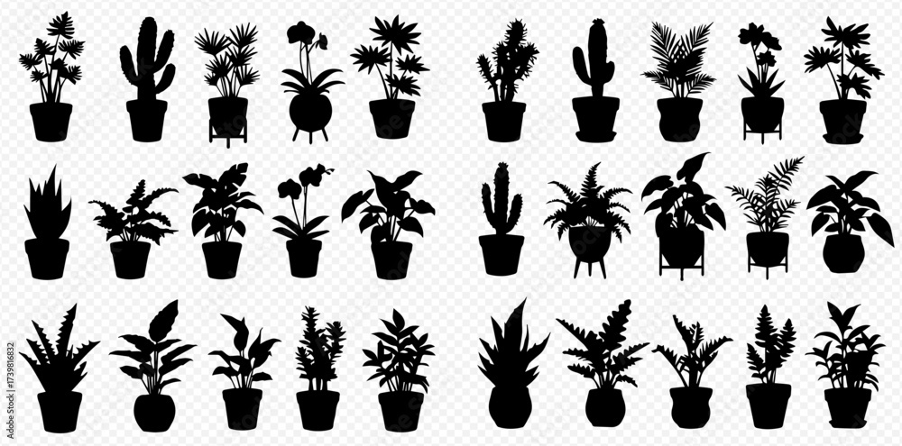 Fototapeta premium A comprehensive collection of diverse potted plant silhouettes, featuring various indoor and outdoor plant types including cacti and leafy greens, presented as black icons on a transparent background.