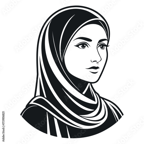 Muslim woman with hijab silhouette vector illustration,Black colour solid white background (5).eps