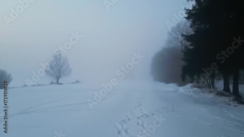 Foggy winter landscape, snow-covered field with distant trees partially obscured by thick mist, showing subtle footprints in the snow