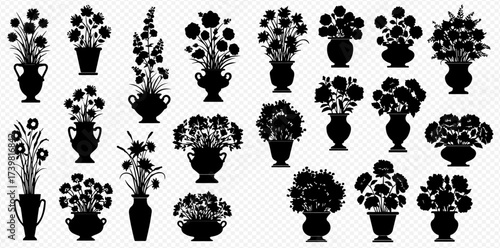 A large collection of black silhouette illustrations depicting various floral arrangements in different vases and pots, isolated on a transparent background.