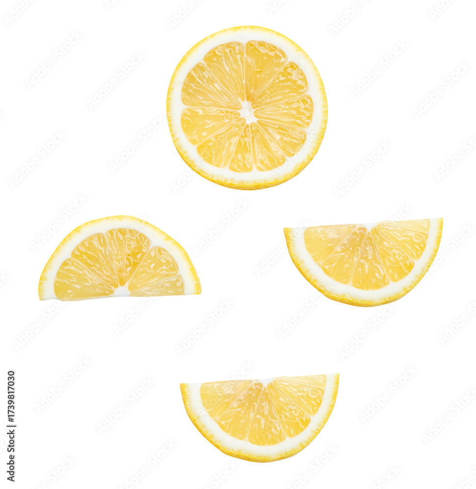 Fototapeta premium Top view set of yellow lemon slice in circle shape and quarters isolated on white background with clipping path