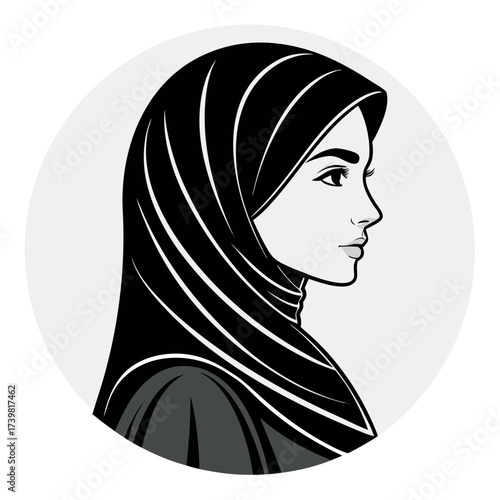Muslim woman with hijab silhouette vector illustration,Black colour solid white background (7).eps