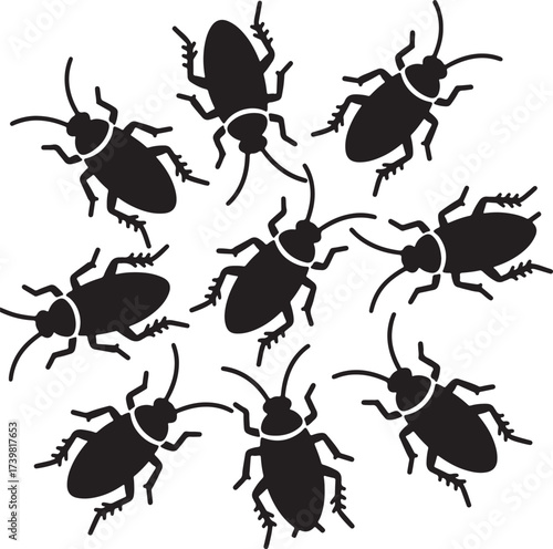 Clump of nine simple black cockroach insect silhouettes clustered together vector eps illustration

