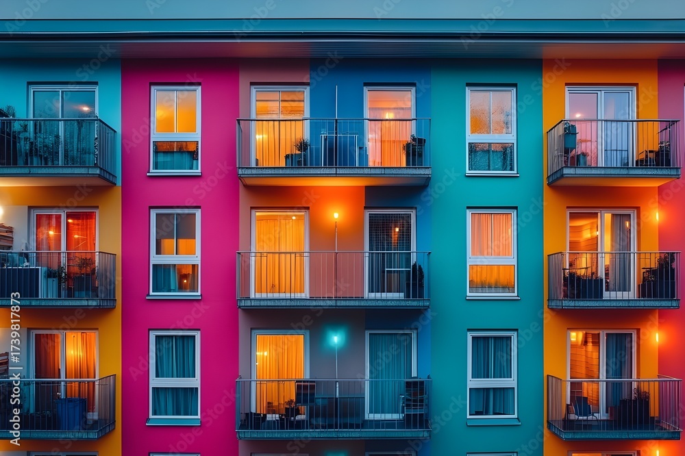 Obraz premium Modern apartment building with vivid multicolor facade and glowing warm window lights