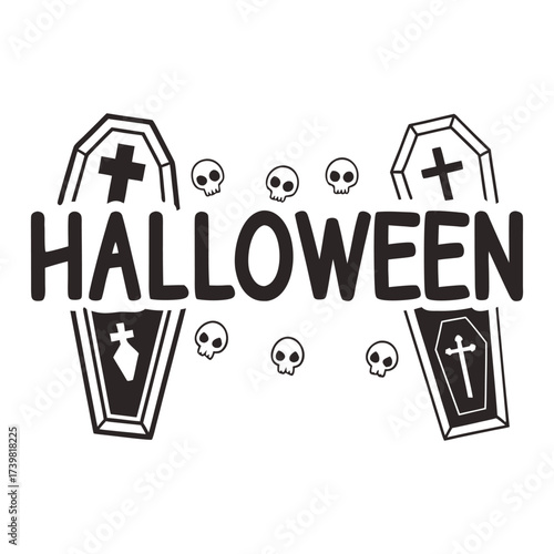 Halloween Illustration with Open Caskets Skulls and Bold Text in Black and White