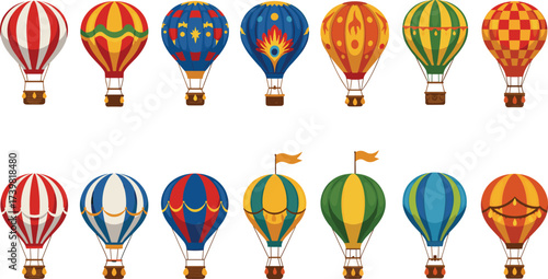 Colorful hot air balloons in various patterns and designs, vector illustration set for travel, adventure, decor, kids, celebration