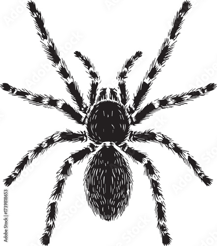 Detailed top view drawing of a large hairy tarantula spider with eight legs vector eps illustration

