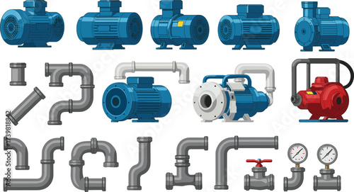Industrial Electric Motors, Water Pumps, Steel Pipes, and Pressure Gauges Vector Set for Plumbing, Engineering, and Mechanical System Design.
