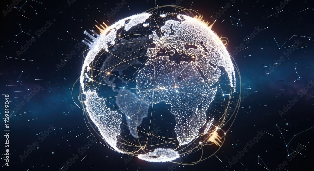 Naklejka premium A globe with a network of connections against a starry night sky.