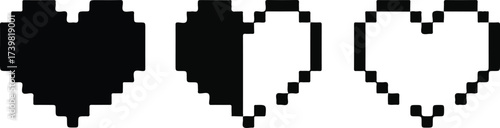 Set of three black and white pixelated heart icons showing full, half, and outline states vector eps illustration

