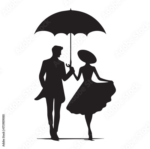 A Romantic couple holding umbrella silhouette and Vector