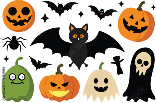 Spooky halloween vector graphics collection pumpkins ghosts bats spiders grim reaper icon eps