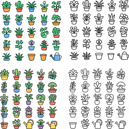 Diverse Potted Houseplants and Gardening Icons Set.