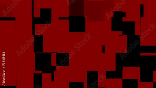 Dark abstract blurred pixelated background featuring deep red and black checkerboard shapes creating a modern digital texture