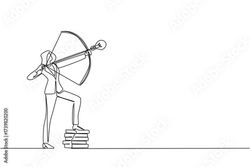 Single one line drawing a businesswoman archery arrow with lightbulb tip, one foot resting on pile of coins. Offering innovation. National Creativity Day. Continuous line design graphic illustration