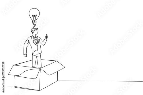 Continuous one line drawing a businessman inside big cardboard box making gesture of gets idea. Get fresh new ideas. Solution. National Creativity Day. Single line draw design vector illustration