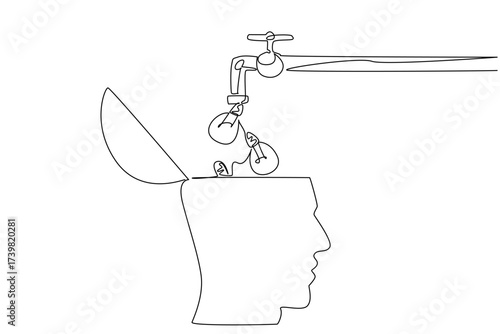 Continuous one line drawing the tap takes out the bulb lamp and fills the exposed human head. Learn to add new skills. Adaptation. National Creativity Day. Single line draw design vector illustration
