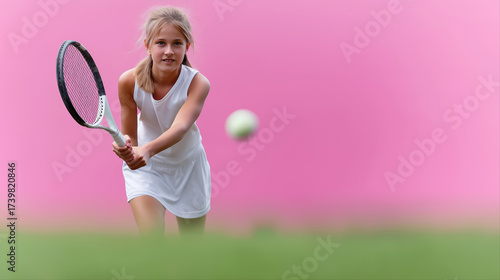 Young caucasian female tennis player focusing on the ball against pink background