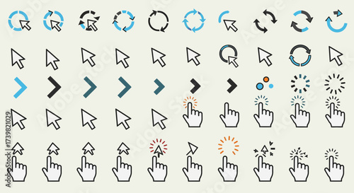 Collection of vector cursor icons, click symbols and pointer designs representing user interface navigation