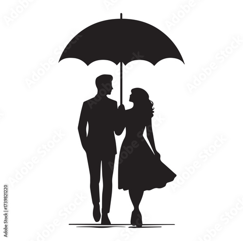 A Romantic couple holding umbrella silhouette and Vector