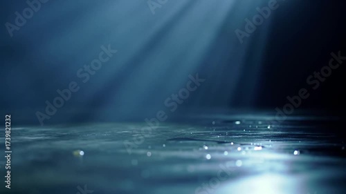 Dark, moody close-up of a wet, reflective surface with light beams cutting through a smoky atmosphere.  The focus is shallow, highlighting the glistening water droplets