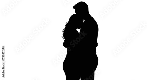Silhouette of a romantic couple embracing tightly with affection and love