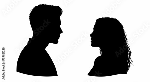 Silhouette of a man and a woman facing each other in profile view