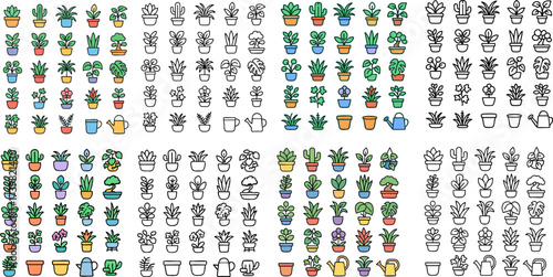 Large collection of houseplant and potted plant icons in color and line art styles.