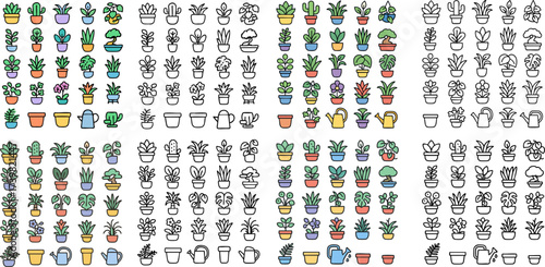Large collection of houseplant and gardening icons in color and outline styles.