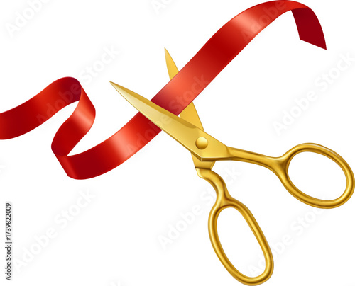Golden scissors cutting red ribbon on white background