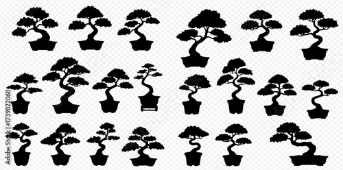 A collection of detailed black silhouette illustrations of traditional Japanese bonsai trees in various styles and potted forms.