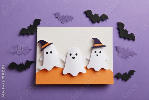 Cute Halloween purple background. Black bats, comical white ghosts, orange pumpkins. Modern Holiday design. October party border. Dark maroon color. Flat lay, copy space. Thanksgiving fall decoration.