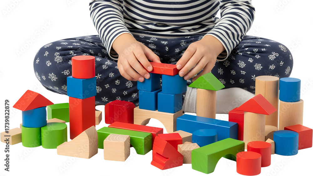 Fototapeta premium Child's hands stacking colorful wooden building blocks creating early childhood education structures toy creativity development play fun learning intelligence