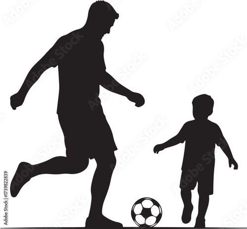 Father and son playing soccer on white background