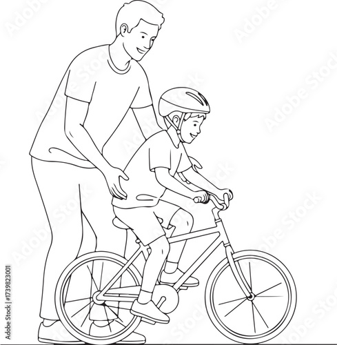 Father teaching child to ride bicycle