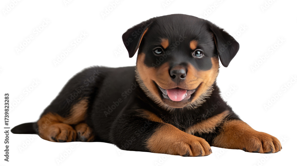 Obraz premium Rottweiler Puppy's Joyful Gaze: A charming rottweiler puppy with its signature markings rests, its face radiating pure happiness and charm.