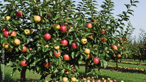 Autumn orchard with apple trees full of fruit and fallen apples on ground