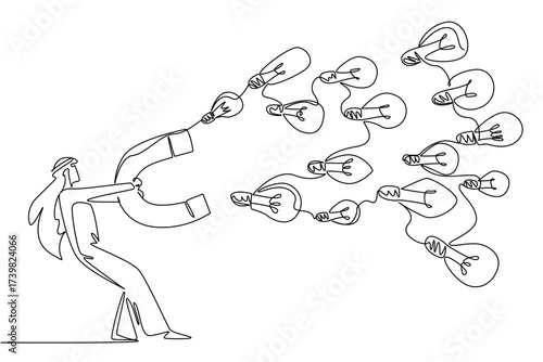 Single one line drawing Arab businessman holds big magnet attracting various sized lightbulbs. Try the best for multiple profits. National Creativity Day. Continuous line design graphic illustration