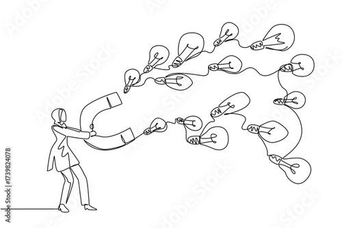 Single continuous line drawing Arab businesswoman holds big magnet attracting various sized lightbulbs. Efforts to create creativity. National Creativity Day. One line design vector illustration