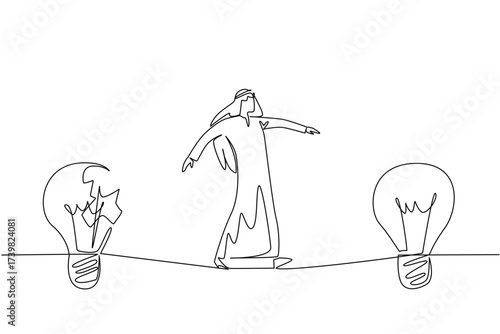 Continuous one line drawing Arab businessman walks on tightrope from broken lightbulb to whole lightbulb. Taking best opportunity. National Creativity Day. Single line draw design vector illustration