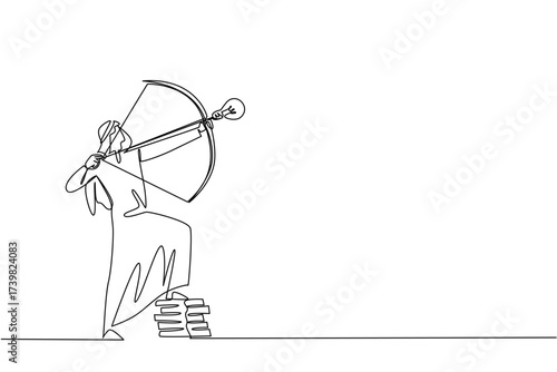 Single continuous line drawing Arab businessman archery arrow with lightbulb tip, one foot rest on pile of coins. Aiming for more profits. National Creativity Day. One line design vector illustration