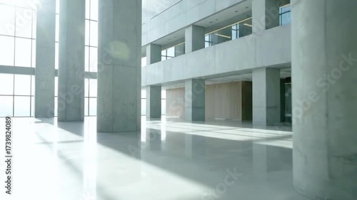 Modern Office Building Interior with Natural Light and Columns.