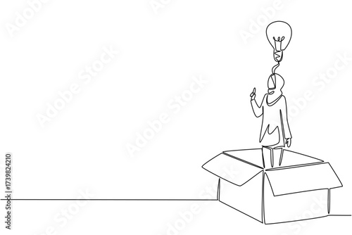 Single one line drawing Arab businesswoman inside big cardboard box making gesture of gets idea. Get amazing inspiration. Smart. National Creativity Day. Continuous line design graphic illustration