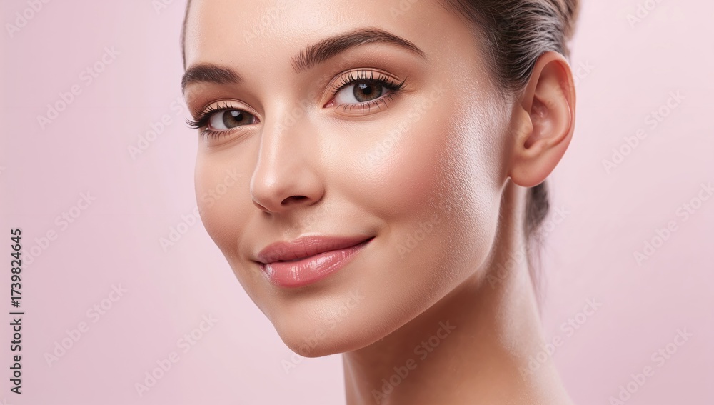 Fototapeta premium Close-up portrait of a young woman with healthy skin and subtle makeup against a soft pink background highlighting facial beauty and skincare treatments.