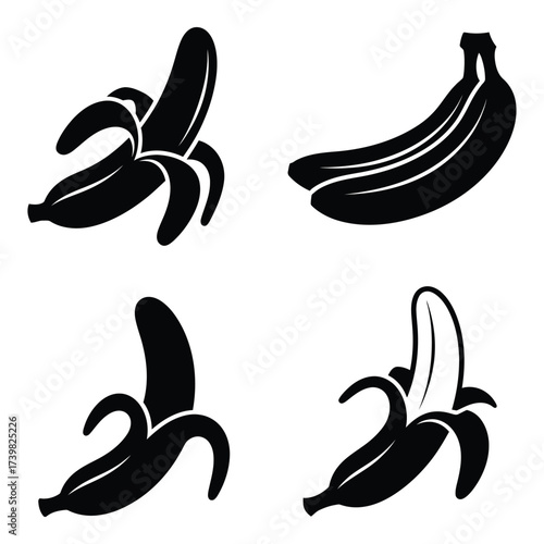Set of four stylized black and white banana icons showing different peeling stages and a bunch of bananas for graphic design silhouette
