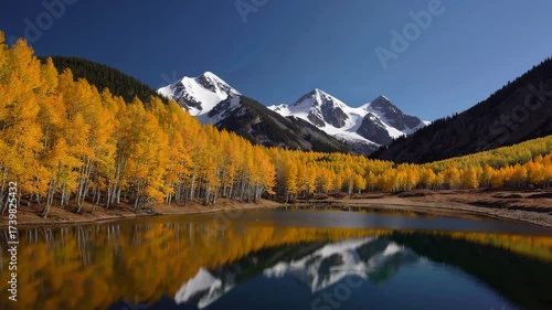 Alpine lake reflection with yellow aspen forest and snowy mountain peaks in autumn